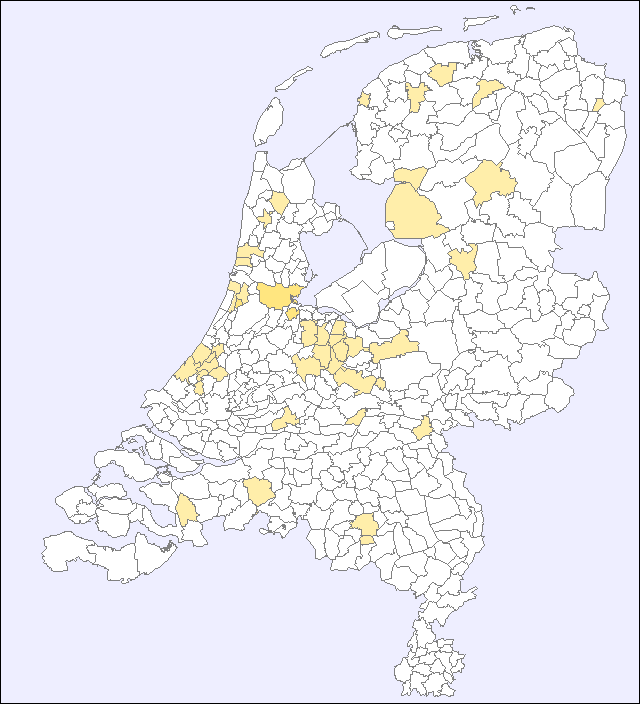 Verdeling van de 94 Van Giffen naamdragers in Nederland per gemeente in 2007